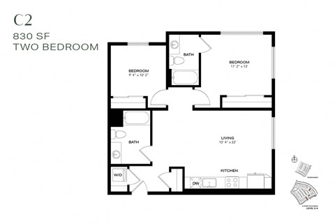 Floor plan for 2 beds, 2 baths, 830 sqft